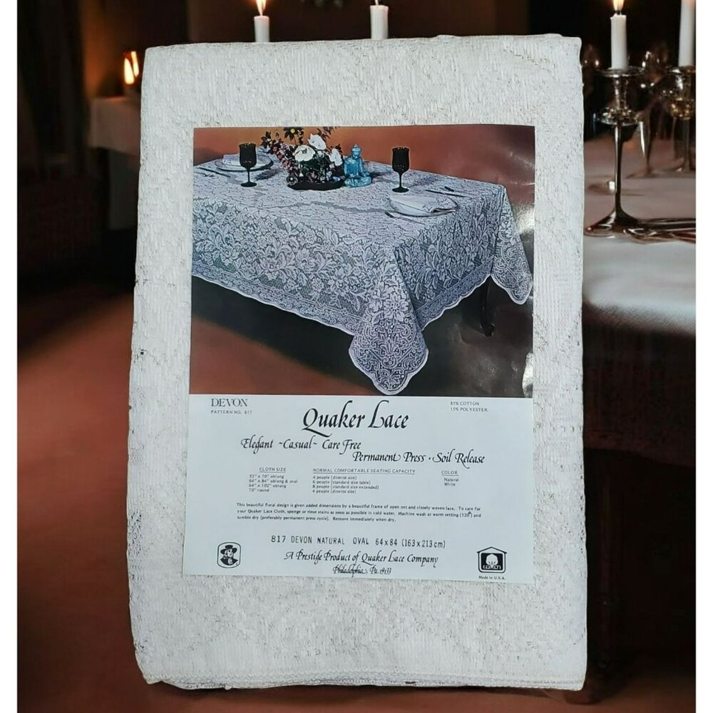 New Quaker Lace Elegant Oval Tablecloth 64x84 Devon Natural Cream Floral Vintage